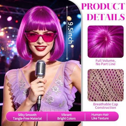 Short Bob Straight Hair Wigs with Bangs, Synthetic Fiber Colorful Hair, Cat Eye Glasses for Women (Purple) - color: Purple