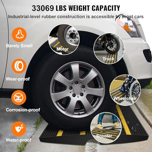 VEVOR Rubber Curb Ramps for Driveway, 2 Pack Threshold Bridge, 33069 lbs Load Capacity, 2.5" Rise, with Reflective Safety Strips, Ideal for Cars, RVs, Scooters and Motorcycles to Prevent Car Scraping | Rubber Curb Ramps with Reflective Safety Strips, Prev