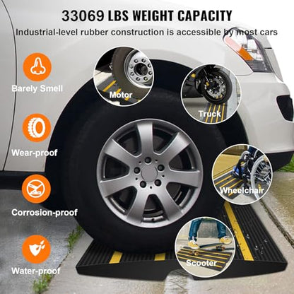 VEVOR Rubber Curb Ramps for Driveway, 2 Pack Threshold Bridge, 33069 lbs Load Capacity, 2.5" Rise, with Reflective Safety Strips, Ideal for Cars, RVs, Scooters and Motorcycles to Prevent Car Scraping | Rubber Curb Ramps with Reflective Safety Strips, Prev
