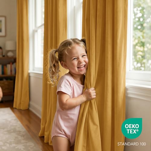 RYB HOME Mustard Yellow Velvet Curtains 84 inches Long for Bedroom | Thermal Insulated, Room Darkening, UV Privacy Block, With Hook Belt, Back Tab, Living Dining Room, W52 x L84, 2 Panels - color: Mustard Yellow, size: 52"W x 84"L (Pack of 2)