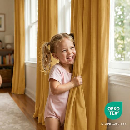 RYB HOME Mustard Yellow Velvet Curtains 84 inches Long for Bedroom | Thermal Insulated, Room Darkening, UV Privacy Block, With Hook Belt, Back Tab, Living Dining Room, W52 x L84, 2 Panels - color: Mustard Yellow, size: 52"W x 84"L (Pack of 2)