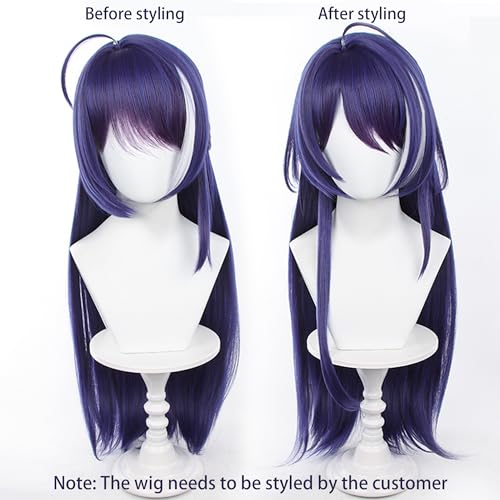 Anime Dark Blue Highlighting White wigs with Bangs Women 75cm/29in Long Straight wig half-up hairstyle for Adult Game Cosplay wig Halloween,Comic con,Party,Game Show - color: Deep Purple
