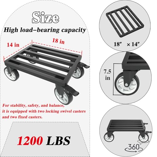 Heavy-Duty Stainless Steel Furniture Dolly, 18'' x 14'' Furniture Mover with 1200LB Capacity, 5'' Swivel Casters & Tie-Down Straps for Secure Transport - size: 18"L x 14"W Dolly