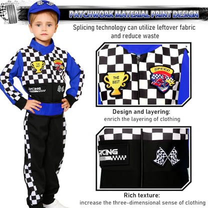 Latocos Kids Race Car Driver Costume Boys Girls Racer Jumpsuit With Car Cap Sunglasses Kids Dress Up Role Play for Halloween - color: Blue, size: S(5-7)