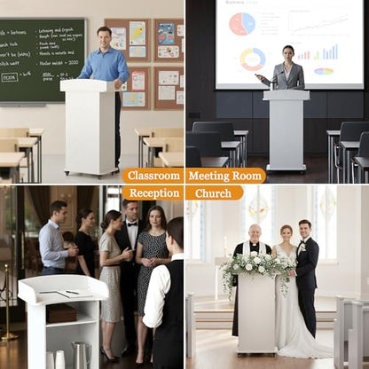 Podium Stand with Metal Wheels Wooden Lectern Podium Stand Portable Pulpit Standing with Storage Mobile Reception Podiums Desk for Church Office School Conference Restaurant Meeting, White - color: White