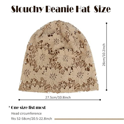 Crochet Slouchy Beanie Hat Handmade Knit Slouchy Floral Skull Hat Cutout Hats for Women Lightweight Knitted - color: F-khaki