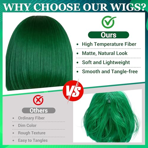 Short Bob Straight Hair Wigs with Bangs, Heat Resistant Fiber Hair, Heart-shaped Glasses for Women (Green) - color: Green