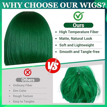 Short Bob Straight Hair Wigs with Bangs, Heat Resistant Fiber Hair, Heart-shaped Glasses for Women (Green) - color: Green