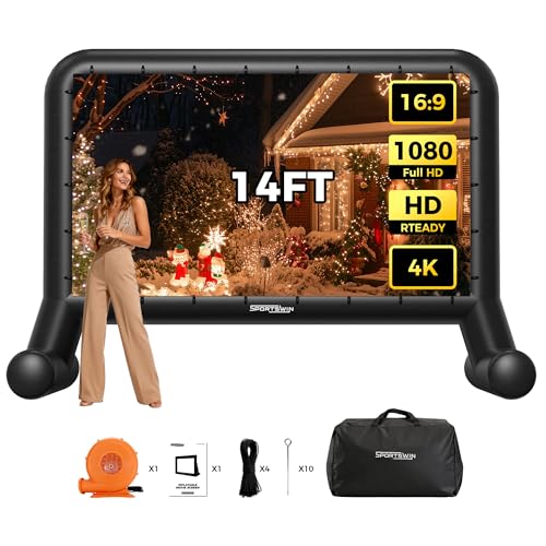 14 FT Inflatable Outdoor Movie Screen, Blow Up Projector Screen Outdoor with Air Blower, Movie Screens for Backyard with One Piece Design, Front & Rear Projection, Easy Set Up - size: 14 FT