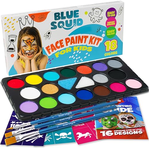 Blue Squid Face Painting Kit for Kids – 18 Colors Kids Face Paint Kit Palette with Stencils & Guided Tutorial, Water Activated Non Toxic Washable Professional Facepaint body set Halloween Party Makeup - color: 18 Color Face Paint Kit