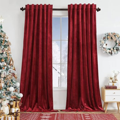 Benedeco Burgundy Red Velvet Blackout Curtains 52x63, Back Tab, 2 Panels | Elegant Room Darkening Thermal Insulated Energy Saving Noise Reducing Velvet Window Drapes for Living Room, Bedroom