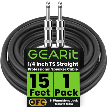 GEARit Professional Speaker Cable (15ft) 12AWG Pure Copper 1/4 inch to 1/4 inch TS Straight Male to Male for Amplifier, Speaker Cabinet, PA and DJ Audio - size: 15 Feet