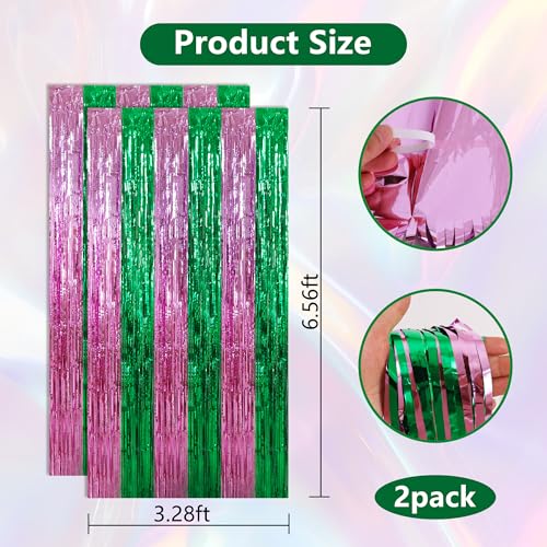 BEISHIDA Pink Green Door Streamers Backdrop Foil Fringe Tinsel Party Streamers Curtains Photo Backdrop for Birthday Graduation Wicked Party Decoations - color: 05-pink green