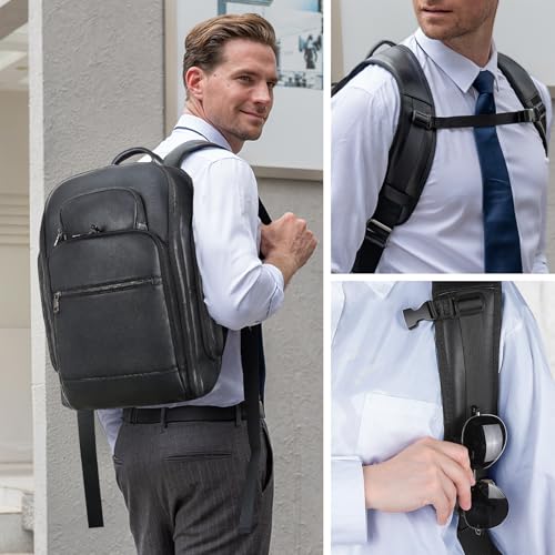 TIDING Genuine Leather Backpack for Men 15.6" Laptop Business Travel Bag | TSA Approved 180° Open, Dual Device Storage, Water-Resistant, Water Bottle Pocket, Luggage Strap, Adjustable Chest Belt - color: Black-for 15.6" Laptop