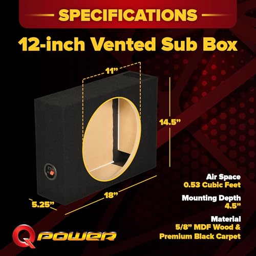 QPower Single 12" Vented Shallow Subwoofer Box, Black Carpet Exterior | Solid 5/8" MDF Construction for Vehicle Stereo Equipment and Bass Sound Systems - style: 12" Vented