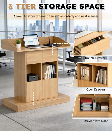Wood Podium, Wooden Chuch Pulpit Stand, Podium with 3 Levels of Storage, Floor Standing for Office School Home Conference Restaurant Meeting (Yellow)