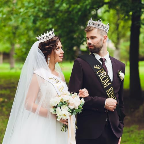 4 Pcs Prom King Queen Crowns Gold, M, Black Diamond | Gold Tiaras with AB Diamond Stones, Sashes Included, Royalty Crowns for Homecoming Birthday Halloween Wedding Party Costume - color: Black Diamond