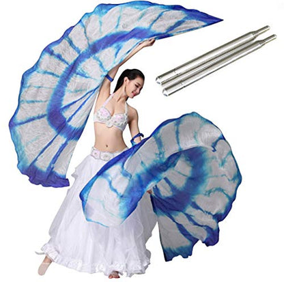 KIKIGOAL 100% Silk Belly Dance ISIS Wings Scarf Veil Fan with Telescopic Stick for Halloween Carnival Performance 1.4x2.7cm - color: Gradual White
