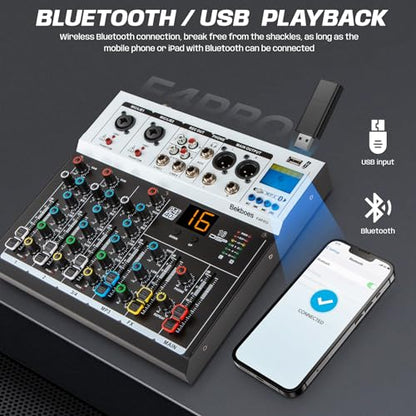 4 Channel Audio Mixer, 16 DSP Effects, 48V Phantom Power F4PRO | Bluetooth & USB connect, 3-band EQ, Real-time Monitoring, for Recording, Podcasting, Live Streaming, and DJ Use.