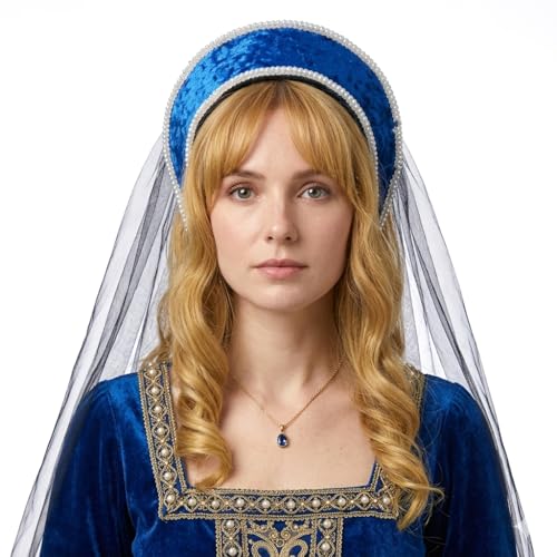RoleplayCos Tudor French Hood Queen Anne Boleyn Costume Hat Headwear Elizabethan Renaissance Headband Headpiece - color: Blue