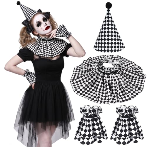 Clown Neck Ruffle Collar Cuffs Hat Set Detachable Halloween Clown Costume Accessories for Women - color: Black White Plaid