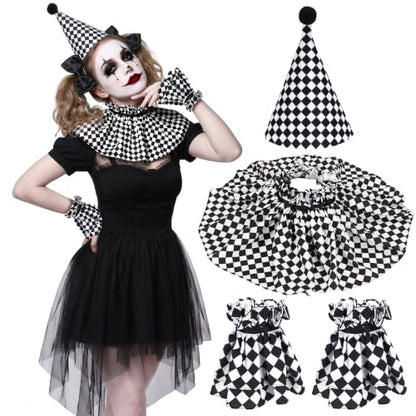 Clown Neck Ruffle Collar Cuffs Hat Set Detachable Halloween Clown Costume Accessories for Women - color: Black White Plaid