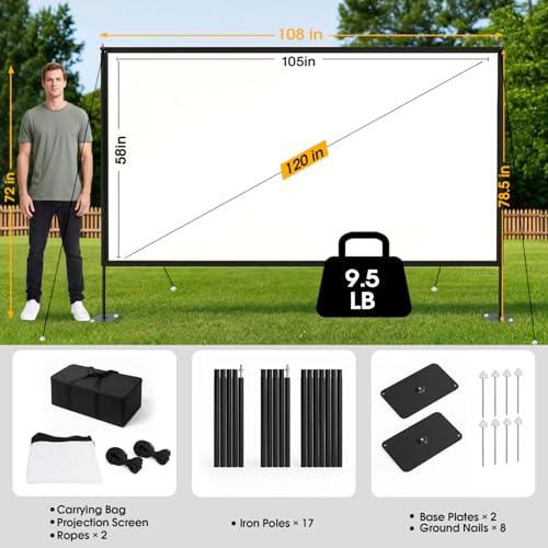Outdoor Projector Screen with Stand, 120 inch Portable Projection kit 16:9 4K HD Wrinkle-Free Indoor Outdoor Movie Screen with Carry Bag for Home Theater and Backyard Movie Night - size: 120 inch