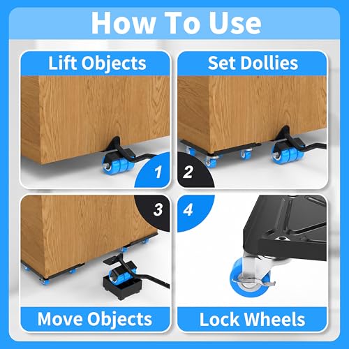 Heavy Duty Furniture Dolly 360 Rotate 5 Wheels 3000 Lbs Capacity 5.3x5.3 in | Furniture Movers with Blue Wheels, Measure Tape & Leveler, Alloy Steel Furniture Lifter Tool for Smooth Home & Office Uses - color: Blue, size: 5.3x5.3 IN