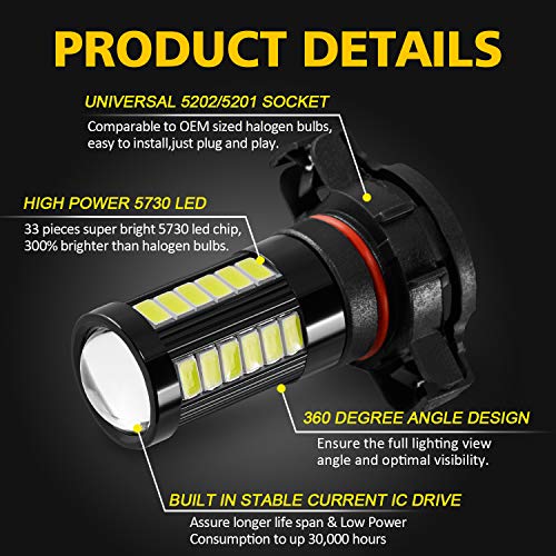 AUXLIGHT 5202 5201 12085 9009 H16 (European) LED Fog Light Bulbs 6000K Xenon White, Super Bright 2800 Lumens 33-SMD Chips LED Daytime Running Lights DRL Bulbs Replacement for Cars, Trucks (Pack of 2) - size: 5202 / 5201
