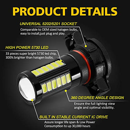 AUXLIGHT 5202 5201 12085 9009 H16 (European) LED Fog Light Bulbs 6000K Xenon White, Super Bright 2800 Lumens 33-SMD Chips LED Daytime Running Lights DRL Bulbs Replacement for Cars, Trucks (Pack of 2) - size: 5202 / 5201