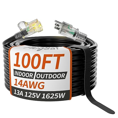 PlugSaf 14/3 Gauge 100 FT Extension Cord Outdoor, Heavy Duty Extension Cord - color: Black, size: 100FT