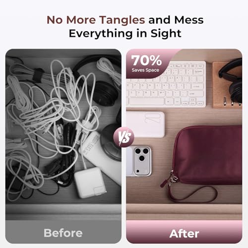FYY Travel Cable Organizer - 8 Compartments, Lightweight, Water Repellent - color: Wine Red, size: (L) 9.6"× 5.5"× 3.7"