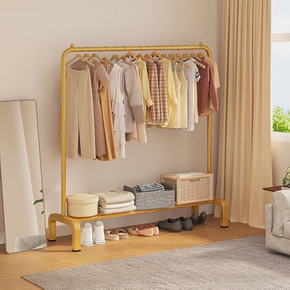 JIUYOTREE Metal 43.3 Inches Garment Rack with Bottom Shelf Clothing Rack for Hanging Clothes Coats Skirts Shirts Sweaters Gold (Pack of 6) - color: Gold, size: 43.3"W x 15.75"D x 61"H without wheels (Pack of 6)