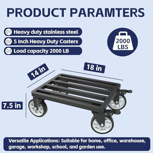 Heavy-Duty Stainless Steel Furniture Dolly 18'' x 14'' Inch, 2000LBS Capacity Moving Dolly with 5" Swivel Casters & Fastening Strap for Secure Moving of Furniture and Appliances - size: 18"L x 14"W x 7.5"H
