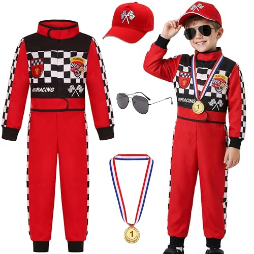 Kids Race Car Driver Costume Set Boys Girls Racer Jumpsuit Halloween Racer Cosplay Dress Up - size: 5-6 Years