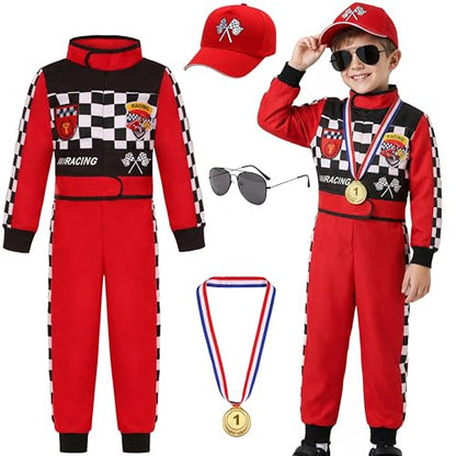 Kids Race Car Driver Costume Set Boys Girls Racer Jumpsuit Halloween Racer Cosplay Dress Up - size: 5-6 Years