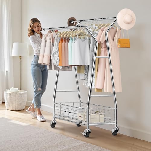 VEVOR Clothes Rack, Rolling Clothing Garment Rack, Extendable Carbon Steel Clothing Racks with Wheels for Bedroom, Laundry, Living Room - style: Modern
