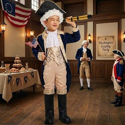 IKALI Kids George Washington Costume With Wig and Hat Accessories, Boys Children Hamilton American Colonial Day Outfit - size: 10-12 Years