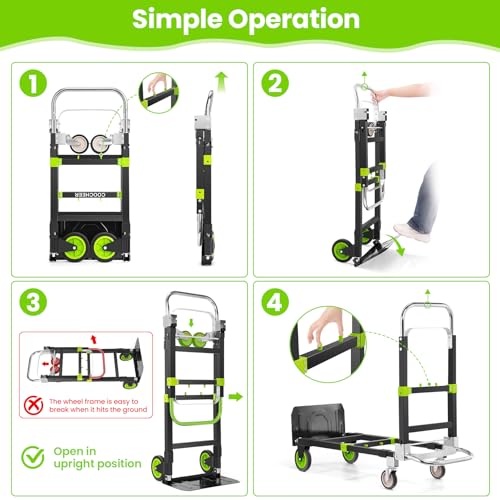 3-in-1 Folding Hand Truck, 600lb Convertible 4 to 2 Wheel Dolly Cart Green | For home office warehouse garage farm gym, carbon steel frame, base expands 35-44in, swivel rubber wheels, folds flat - color: Green