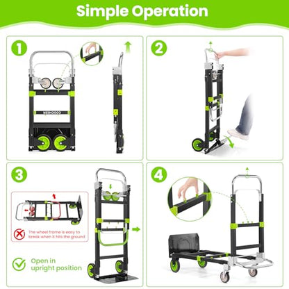 3-in-1 Folding Hand Truck, 600lb Convertible 4 to 2 Wheel Dolly Cart Green | For home office warehouse garage farm gym, carbon steel frame, base expands 35-44in, swivel rubber wheels, folds flat - color: Green