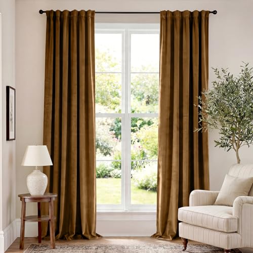 Lazzzy Extra Long Golden Brown Velvet Curtains 52×108 Inch 2 Panels | Soft Velvet, For Tall Windows & High Ceilings, Light Shifting Texture, Elegant Luxury Drape, Rich, Rod Pocket - color: R | Gold Brown, size: 52"W x 108"L (Pack of 2)