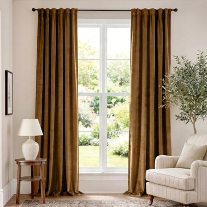 Lazzzy Extra Long Golden Brown Velvet Curtains 52×120 Inch 2 Panels | Soft Velvet, For Tall Windows & High Ceilings, Light Shifting Texture, Elegant Luxury Drape, Rich, Rod Pocket - color: R | Gold Brown, size: 52"W x 120"L (Pack of 2)