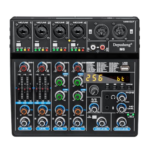 Depusheng M6 Portable Mini Mixer 6-Channel Audio Mixer DJ Console with Sound Card, Bluetooth Function, USB, 48V Phantom Power for PC Recording Webcast Party with 256 DSP