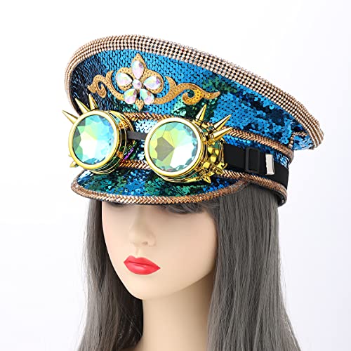GRACEART Women's Burning Man Sequin Hat Mucis Festival Military Captain Hats Steampunk Caps with Goggles - style: Style-07(with Goggle)