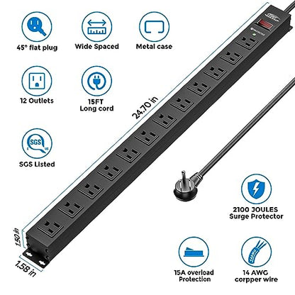 CRST 12-Outlet Long Power Strip with 2100J Heavy Duty Surge Protector, 15FT | Mountable Power Strip, Wide Spaced Outlets for Industrial Garage Commercial(15A/1875W) - size: 15 FT