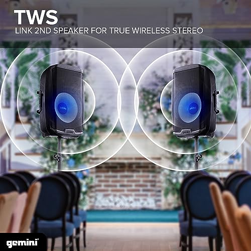 Gemini Sound AS-2115BT-LT Active 2000W Watt Party LED Light 15 Inch Woofer Powered Stage DJ Monitor Bluetooth PA Speaker, Wireless Stereo Pairing, Portable Fly Points | 15" powered PA with beat-synced LED show - XLR/1/4" mic inputs - Bluetooth, USB, SD, F
