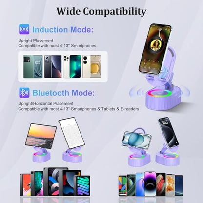 AKLLCCR Wireless Induction Bluetooth Speaker 5in1 Phone Holder Speaker | 3000mAh Rechargeable Phone Speaker Amplifier,Ambient Light,Portable Stand for iPhone,Android,Ideal Gift for Men/Women - color: Purple