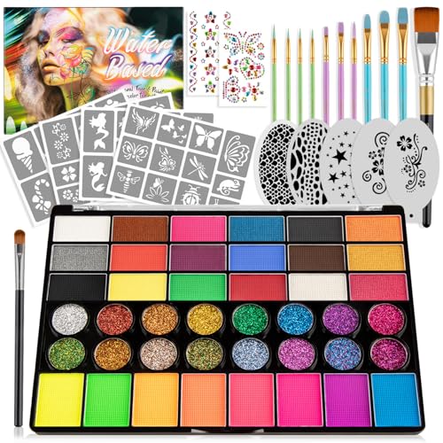 42 Colors Face Painting Kit,Non Toxic Water Activated Face Paint Palette with 5 Reusable & 45 Sticky Stencils,11 Brushes,2 Gems.Ideal for Mardi Gras,Halloween,Christmas,makeup,Parties,Makeup etc. - color: Style1