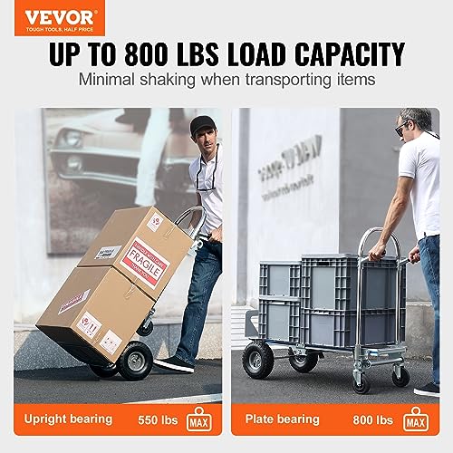 VEVOR Aluminum Truck, 2 in 1, 800 lbs Load Capacity, Heavy Duty Industrial Convertible Folding Hand Truck and Dolly, Utility Cart Converts from Hand Truck to Platform Cart with Rubber Wheels | 2 in 1 Aluminum Truck with Rubber Wheels, Utility Cart Convert