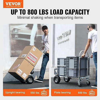 VEVOR Aluminum Truck, 2 in 1, 800 lbs Load Capacity, Heavy Duty Industrial Convertible Folding Hand Truck and Dolly, Utility Cart Converts from Hand Truck to Platform Cart with Rubber Wheels | 2 in 1 Aluminum Truck with Rubber Wheels, Utility Cart Convert